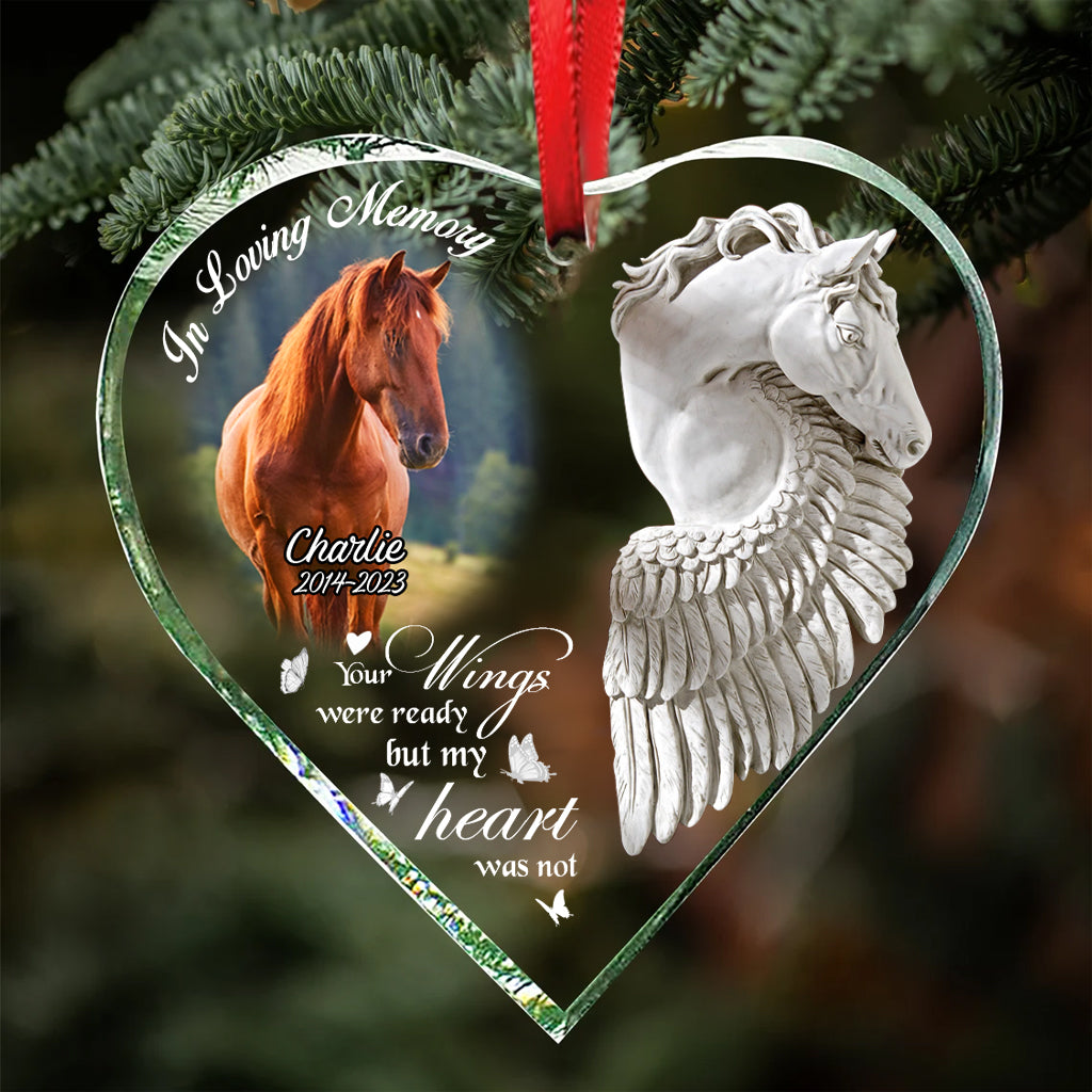 In Loving Memory Horse With Wings - Personalized Horse Heart Shaped Glass Ornament