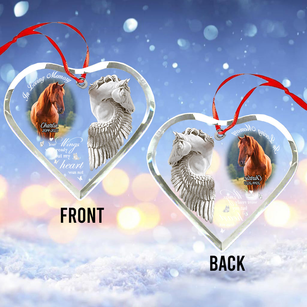 In Loving Memory Horse With Wings - Personalized Horse Heart Shaped Glass Ornament