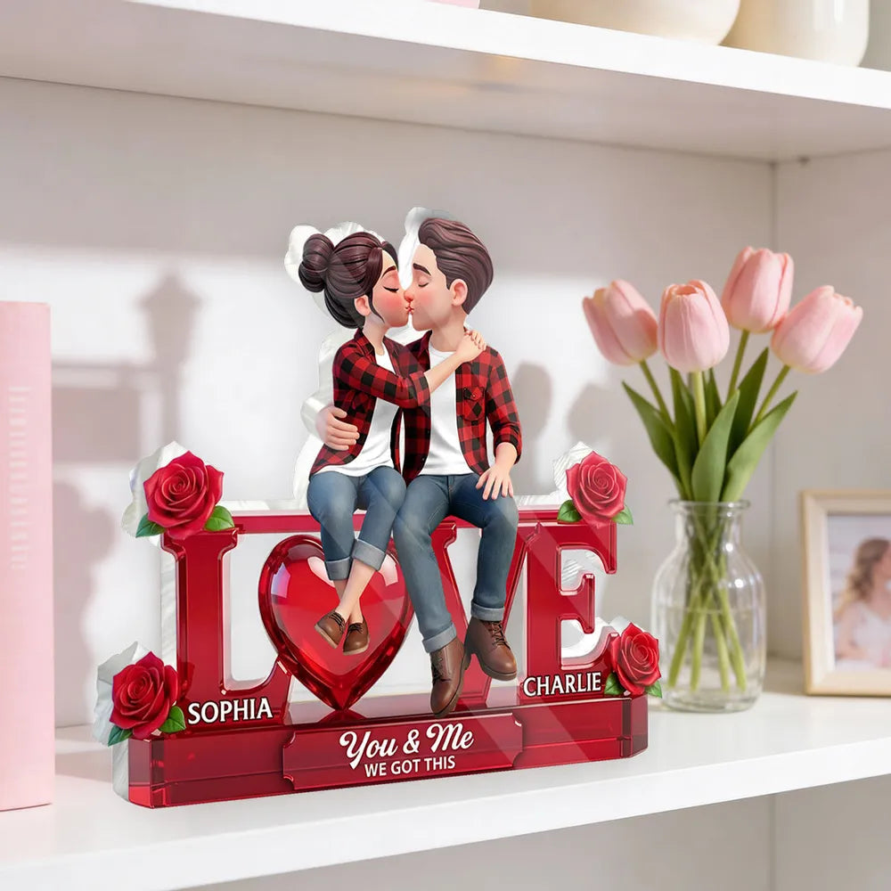Personalized Shaped Acrylic Block Plaque with Kissing Couple on LOVE and Roses - Unique Romantic Gift for Him or Her
