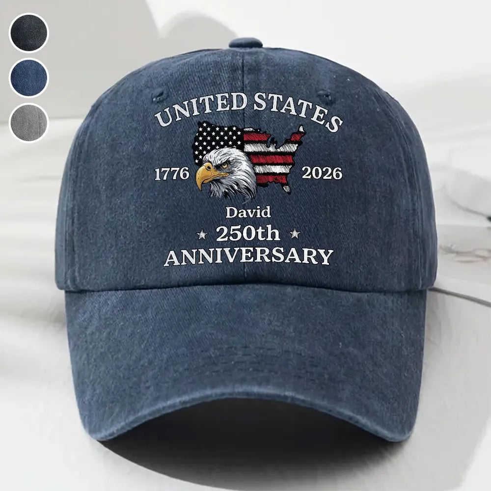 Custom Name US 250th Anniversary Flag Eagle Washed Denim Hat, Meaningful Everyday Keepsake