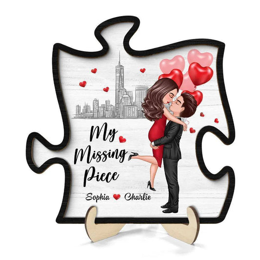 Heart's Embrace - 'My Missing Piece' Personalized Hugging Couple 2-Layer Wooden Plaque - Ideal for Valentine's & Anniversary