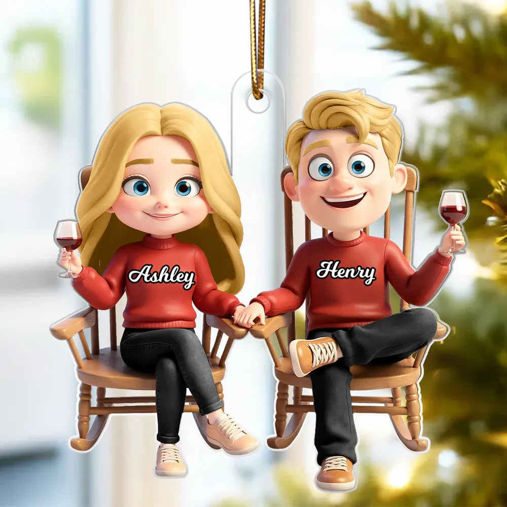 Personalized Acrylic Ornament with Cute Cartoon Couple in Rocking Chairs – Cozy Wine Night Scene, Unique Gift for Couples & Home Holiday Decor