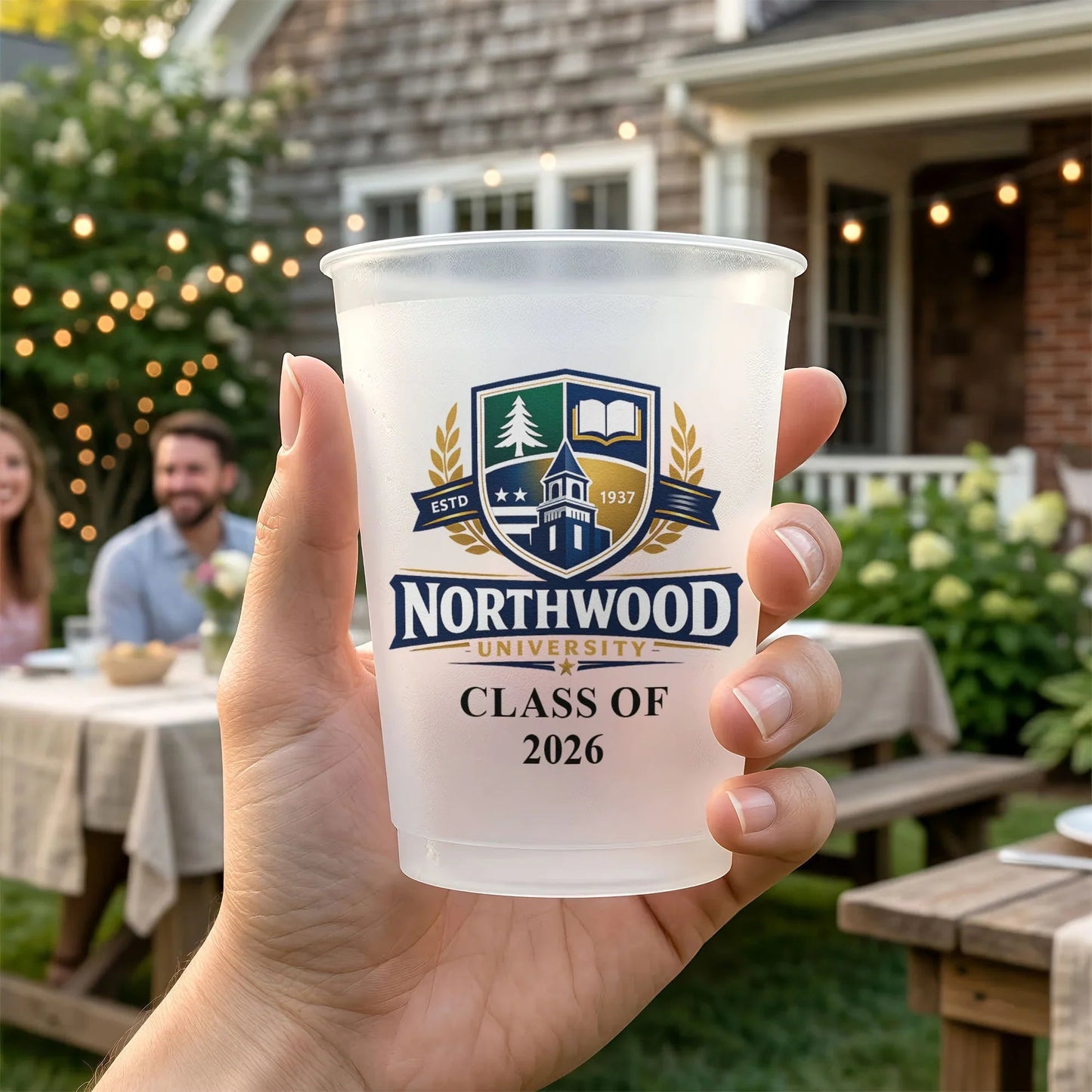 Personalized Frosted Plastic Cup With Custom School Crest Look For Graduation Party Table Decor, Unique Creative Gift