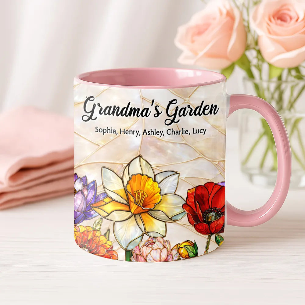 Personalized Grandma's Garden Stained Glass Style Mug, Floral Keepsake for a Unique Gift for Grandma or Mom