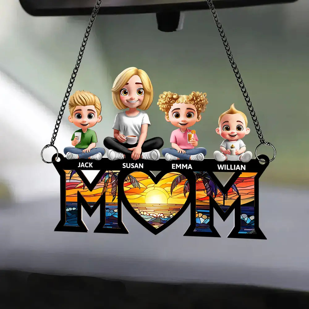 Personalized MOM Ornament with Family Figures – Custom Wood and Acrylic Layered Keepsake Gift