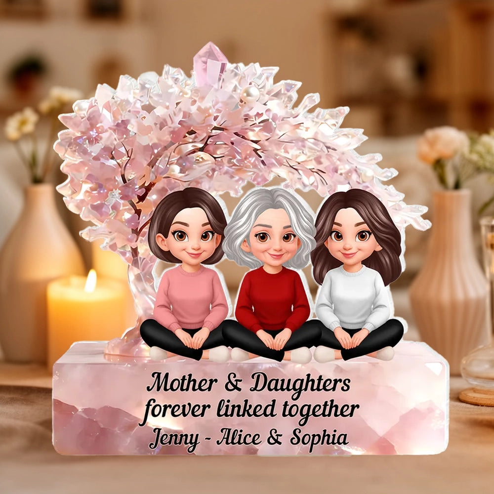 Personalized Shaped Acrylic Block Plaque, Mother & Daughters Under Pink Blossom Tree, Unique Gift for Mom