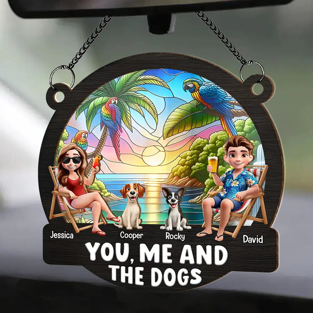 "You, Me and The Dogs" Personalized Ornament – Tropical Sunset Wood & Acrylic Layered Couple Gift