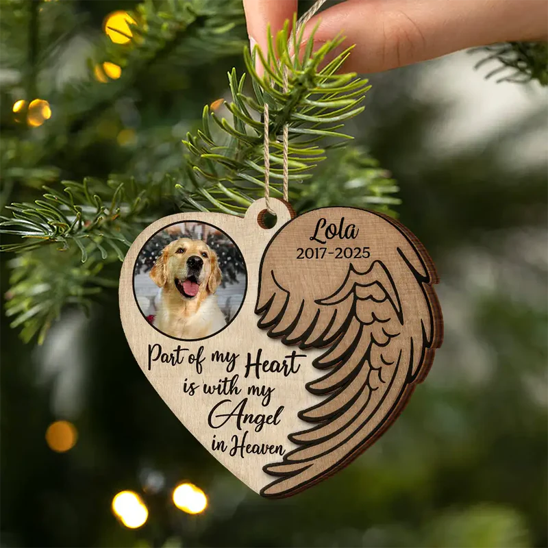 Wooden Ornament 2-Layer Heart with Angel Wing, Part of My Heart photo memorial, a unique gift for family