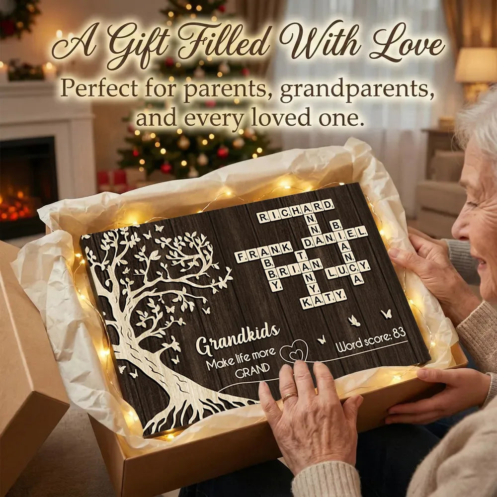 Personalized Grandkids Poster with Family Tree & Crossword Names – Custom Wall Art Gift for Grandma & Grandpa, Unique Home Decor Keepsake