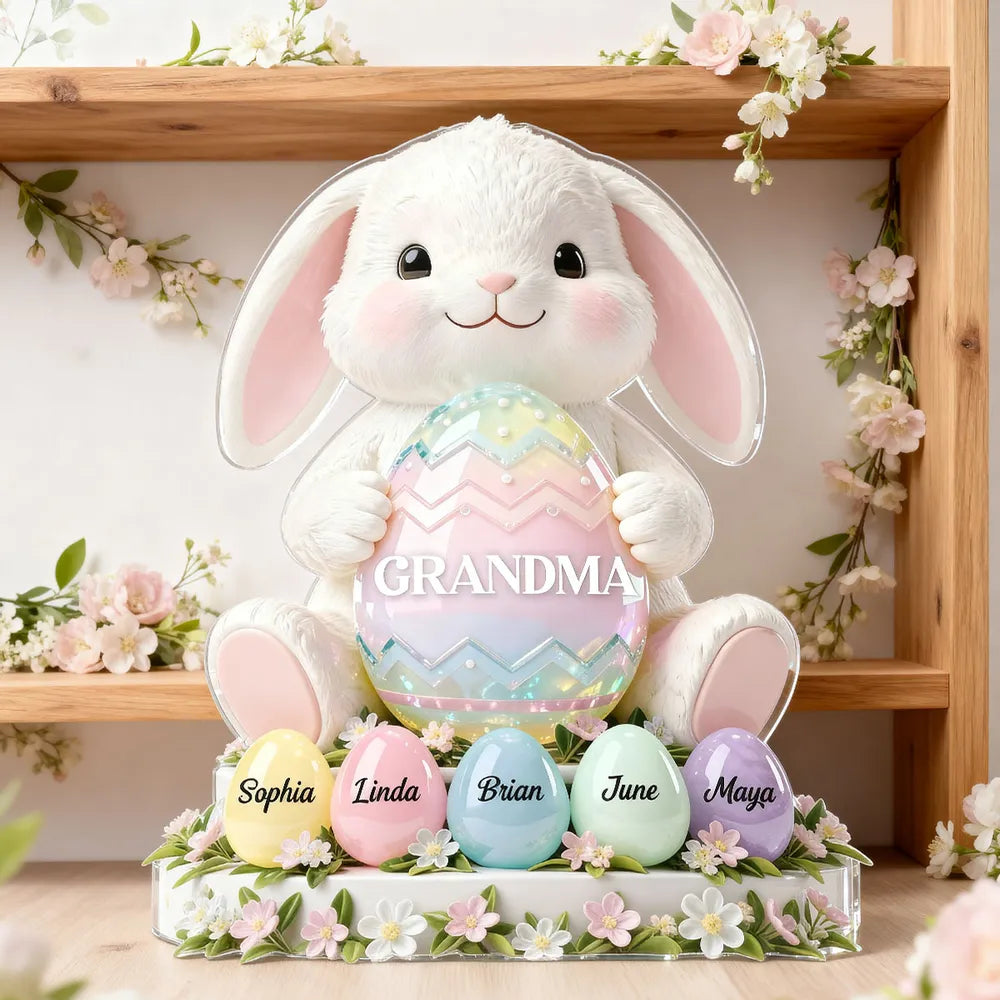 Personalized Shaped Acrylic Block Plaque Cute Bunny Holding Easter Egg for Grandma Spring Shelf Decor Unique Gift