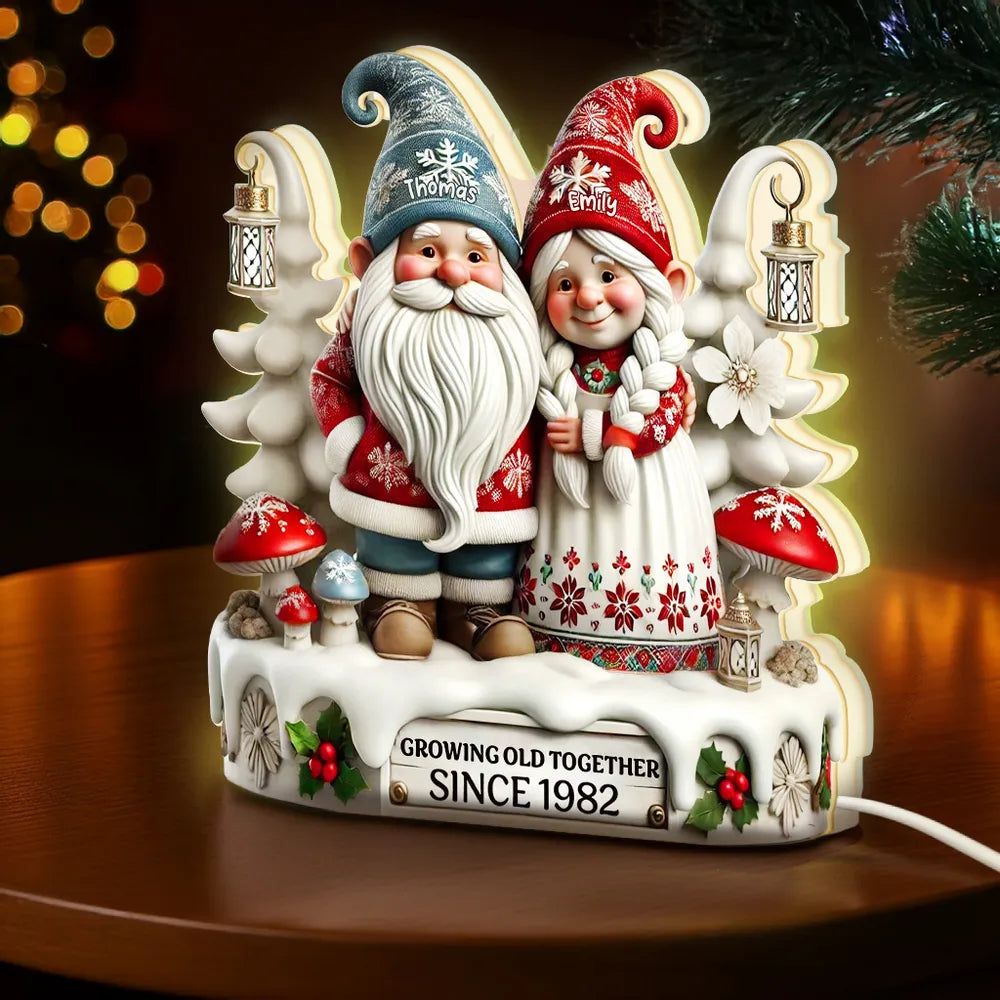 Acrylic Light Box with Christmas Gnome Couple Festive Illuminated Décor Growing Old Together Perfect Gift