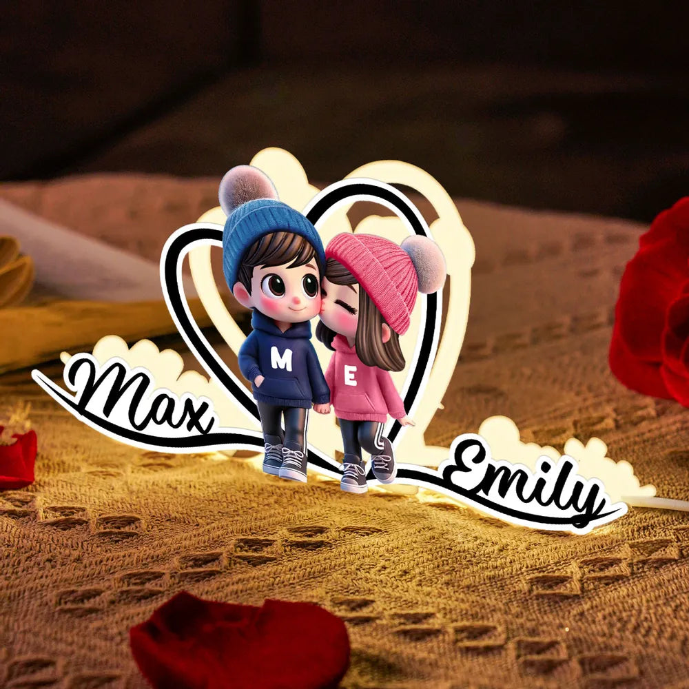Personalized Cartoon Couple Kissing Heart Acrylic Light Box, Cozy Warm Glow Bedroom Decor, Unique Gift for Him or Her