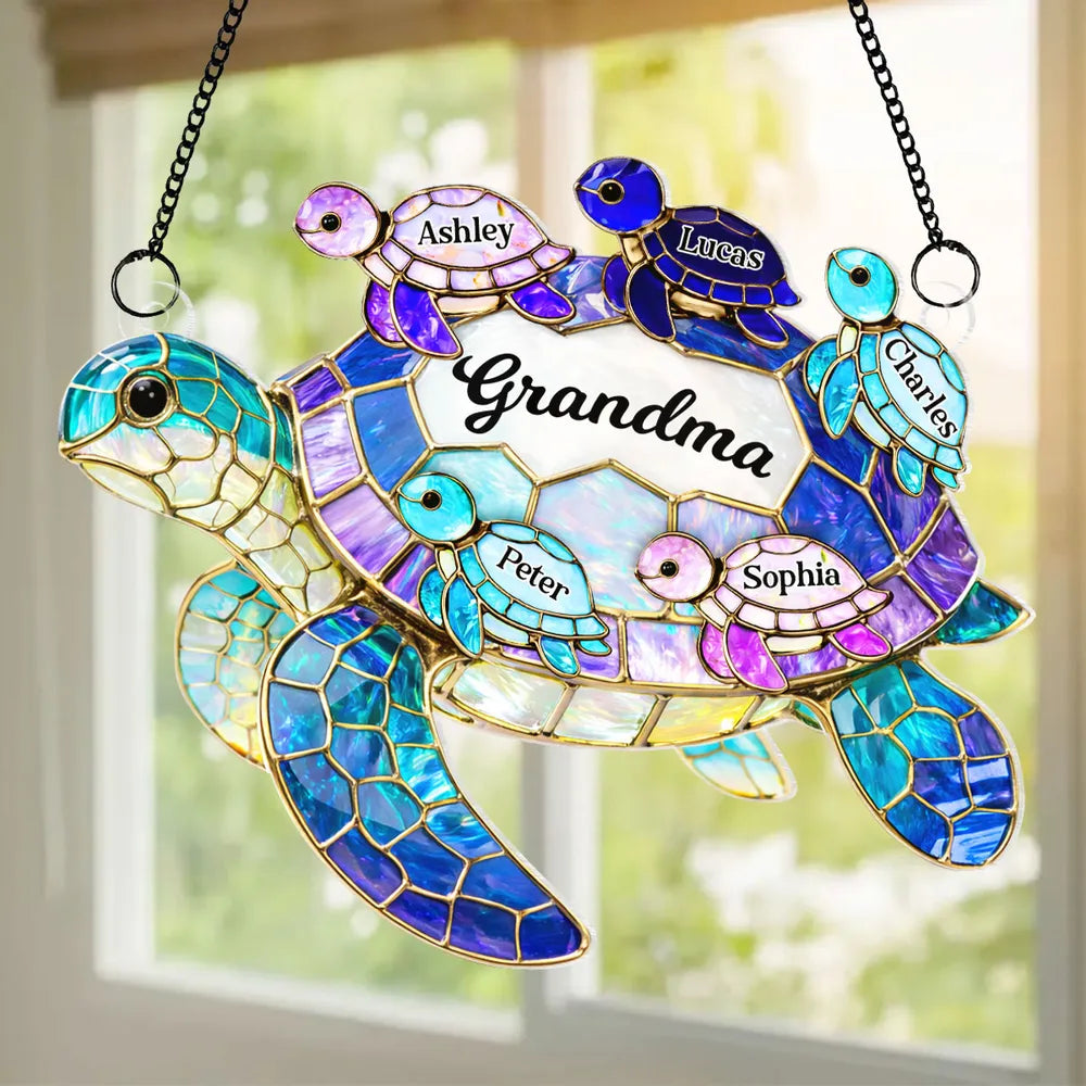 Acrylic Suncatcher Ornament for Grandma with Sea Turtle Family, Beachy Window Decor with Rainbow Shine, Thoughtful Personalized Gift