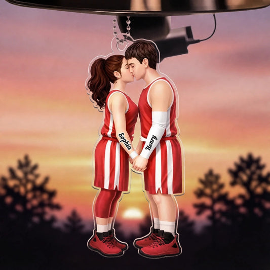 Acrylic Car Hanger with Kissing Basketball Couple, Personalized Cute Car Mirror Decor, Romantic Anniversary Gift