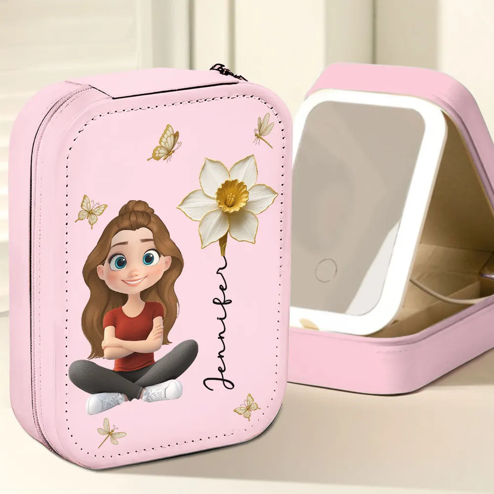 Leather LED Makeup Case - Cute Sitting Cartoon Girl Design, Travel-Ready Mirror, a Unique Gift for Daughter or Best Friend