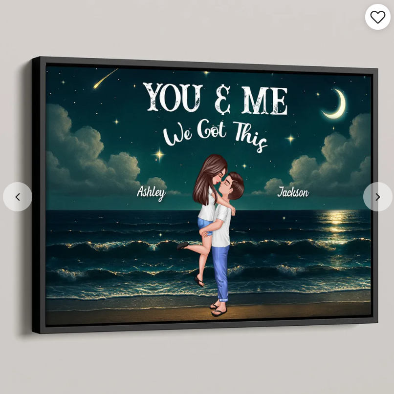 Personalized Night-Sky Canvas – “You & Me” Quote, Cartoon Hug on Waves, Anniversary Gift