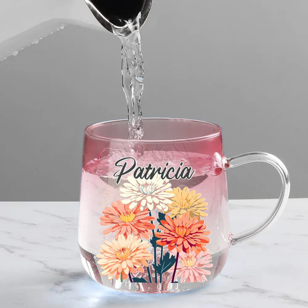 Pink Ombre Gradient Glass Mug With Colorful Flowers And Custom Name, Everyday Coffee And Tea Cup, Thoughtful Gift