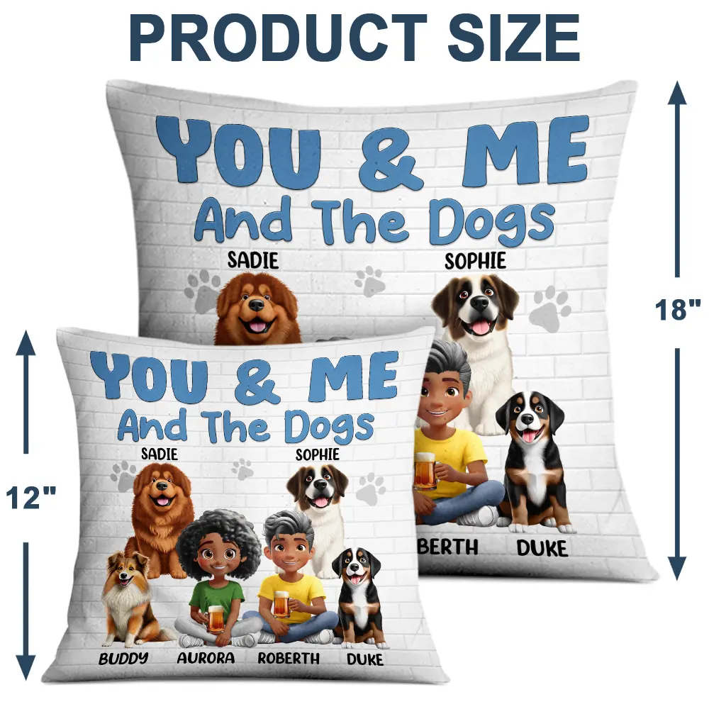 You & Me and the Dogs – Personalized Square Pillow for Families with Custom Pet and People Characters, Perfect Gift for Dog Lovers