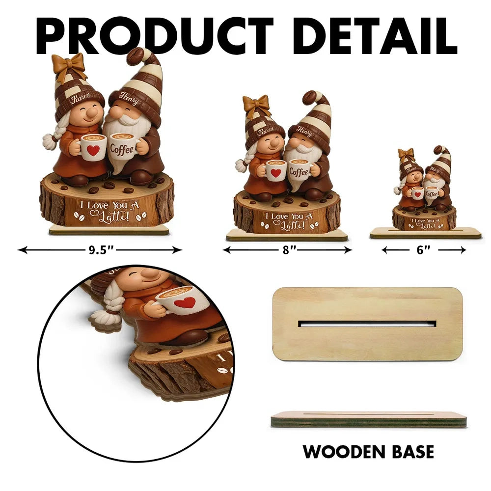 Personalized Wooden Plaque with Cute Coffee Gnomes, Rustic Countertop Decor, Unique Couple Gift for Growing Old Together