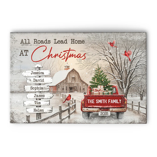 All Roads Lead Home At Christmas Personalized Poster – Custom Family Names Winter Farmhouse Wall Art, Unique Holiday Gift for Mom & Loved Ones