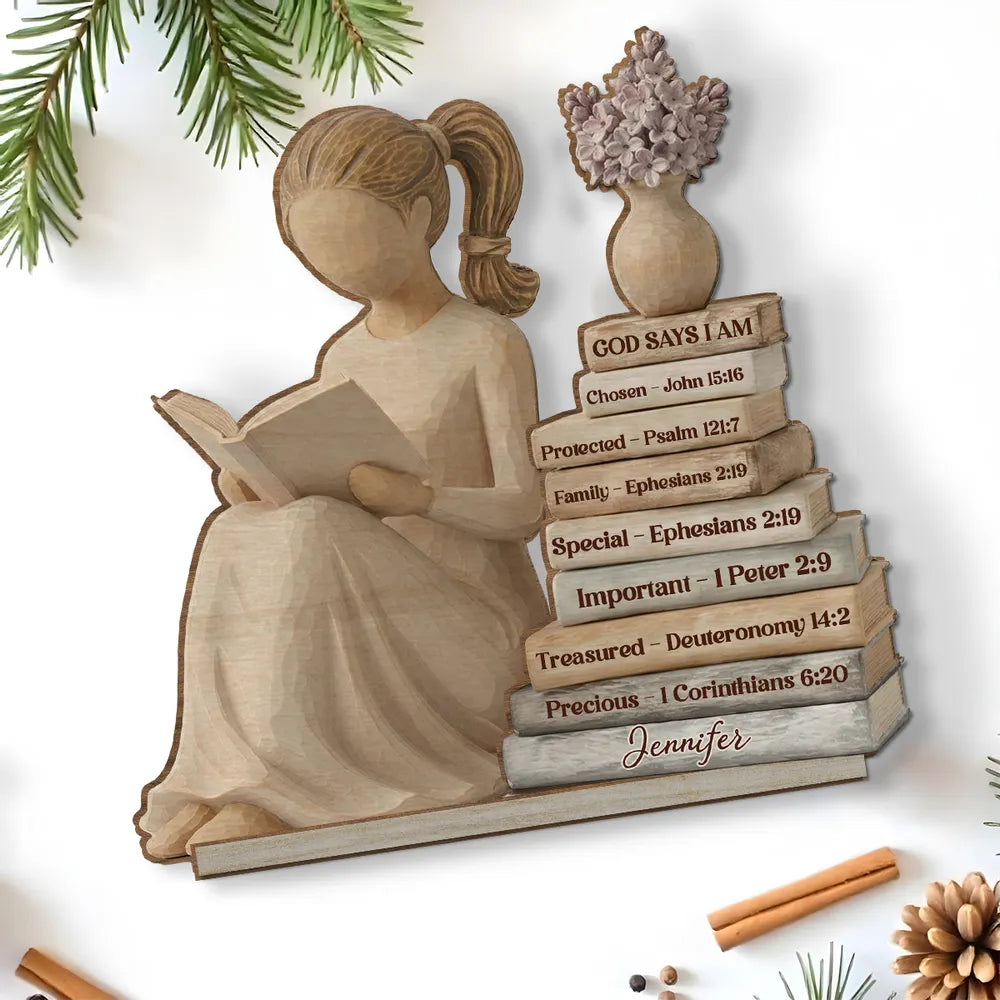 Personalized 2-Layer Wooden Plaque God Says I Am Book Stack Design for Nursery or Living Room, Unique Faith Gift for Her