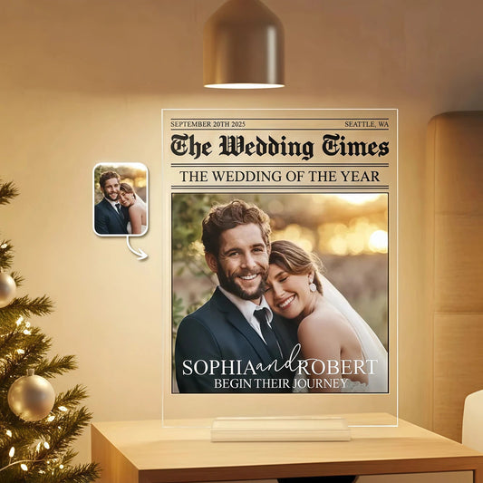 Custom Couple Acrylic Plaque Wedding Times Front Page – Elegant Personalized Decor for The Big Day, Anniversary & Romantic Gift