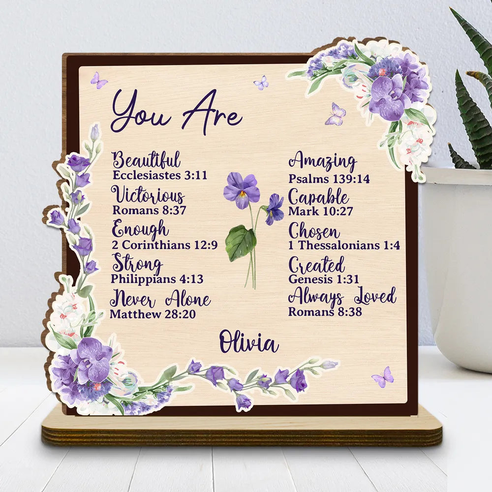 2-Layer Wooden Plaque Personalized with Encouraging Bible Verses and Purple Florals, Heartfelt Gift for Daughter or Friend
