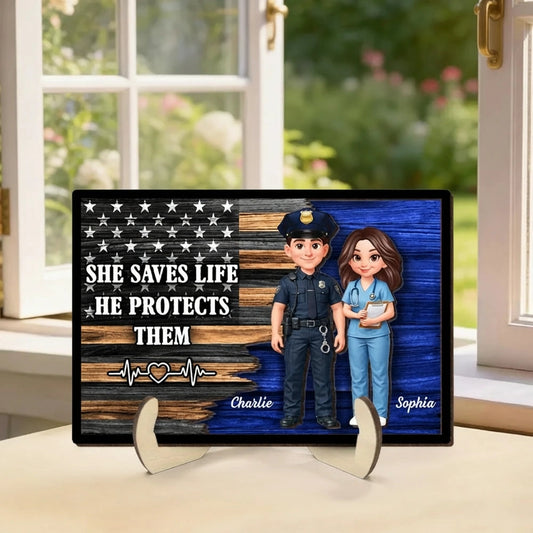 Personalized 2-Layer Wooden Plaque with Cute Cartoon Police Officer & Nurse on Thin Blue Line Flag - Unique Gift for Couples