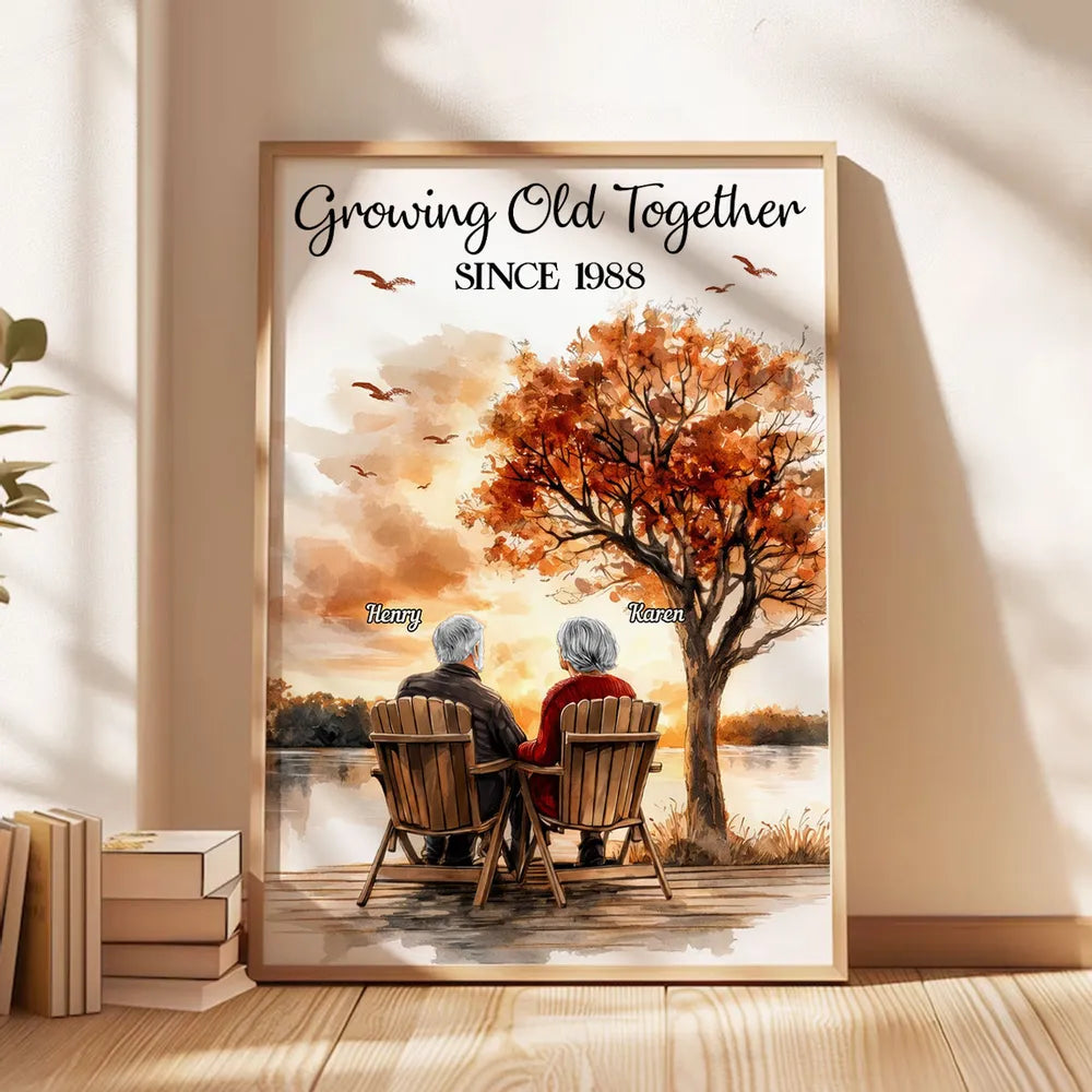 Personalized Growing Old Together Poster, Romantic Couple on Lake Dock at Sunset, Unique Anniversary Gift for Wife or Husband