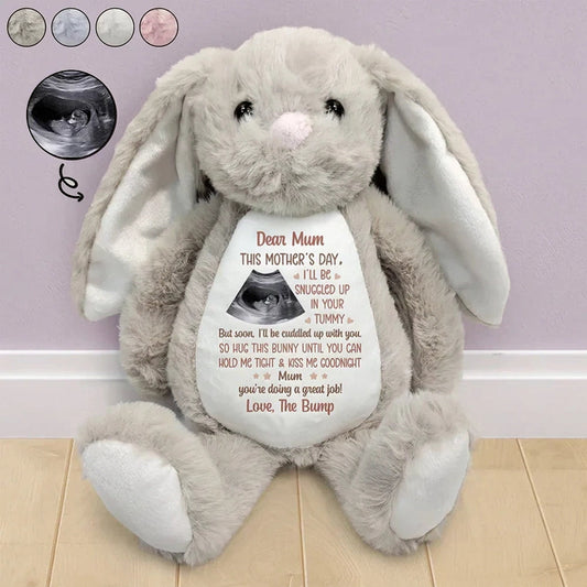 Personalized Plush Bunny with Custom Ultrasound Style Print, Mother's Day Nursery Keepsake, Unique Gift for Mom