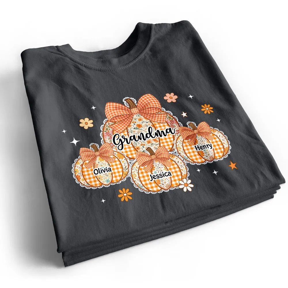 Grandma Pumpkin T-Shirt Personalized Family Names Autumn Theme Cozy Apparel Perfect Gift for Grandma