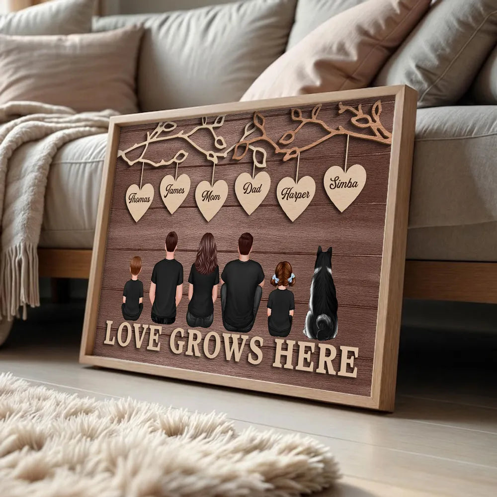 Personalized Family Tree Poster with Heart Name Tags, Rustic Wood Look Wall Art, Unique Gift for Mom Dad & Family