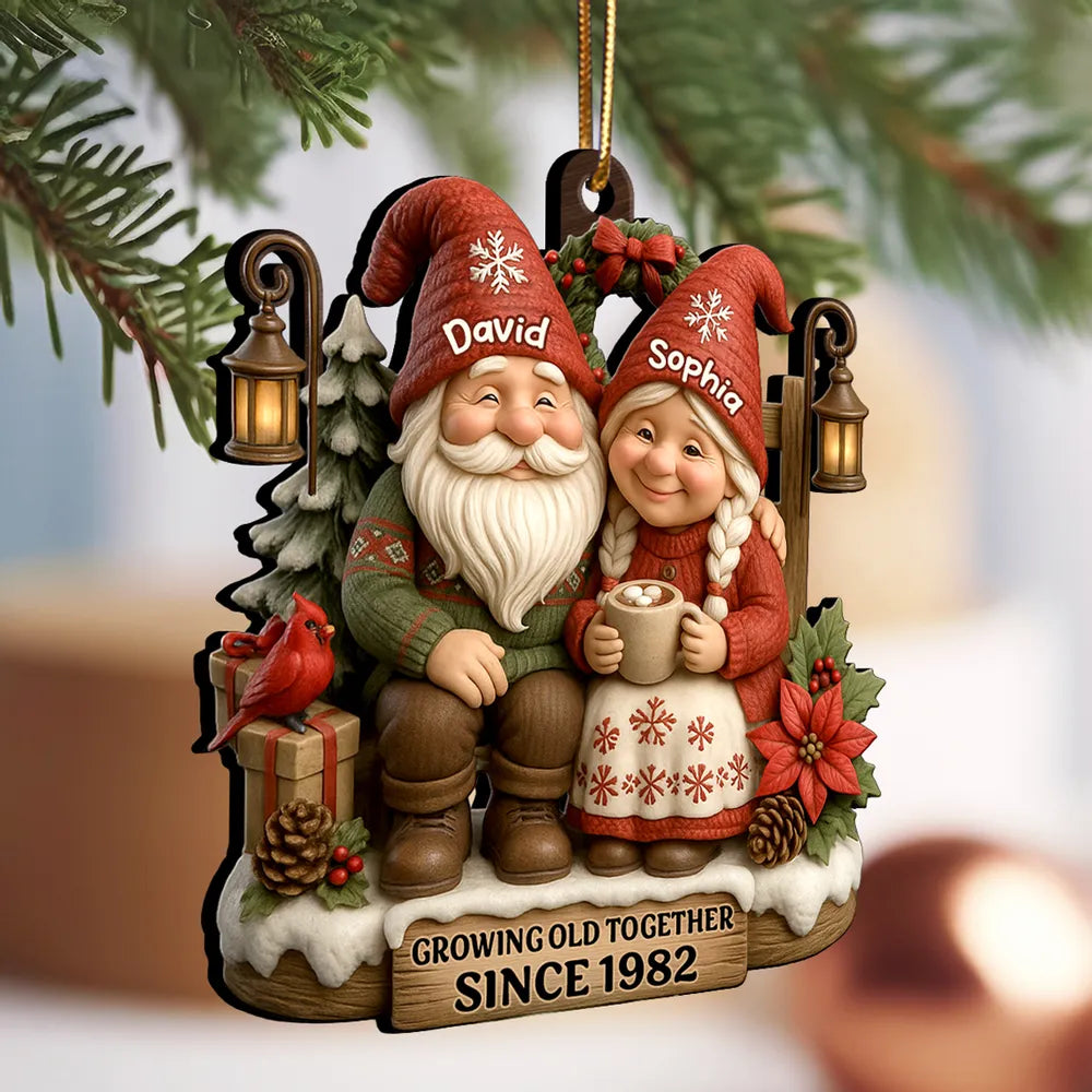 Personalized Wooden Ornament for Couples Growing Old Together – Cute Gnome Design, Christmas Tree Decoration, Unique Romantic Gift