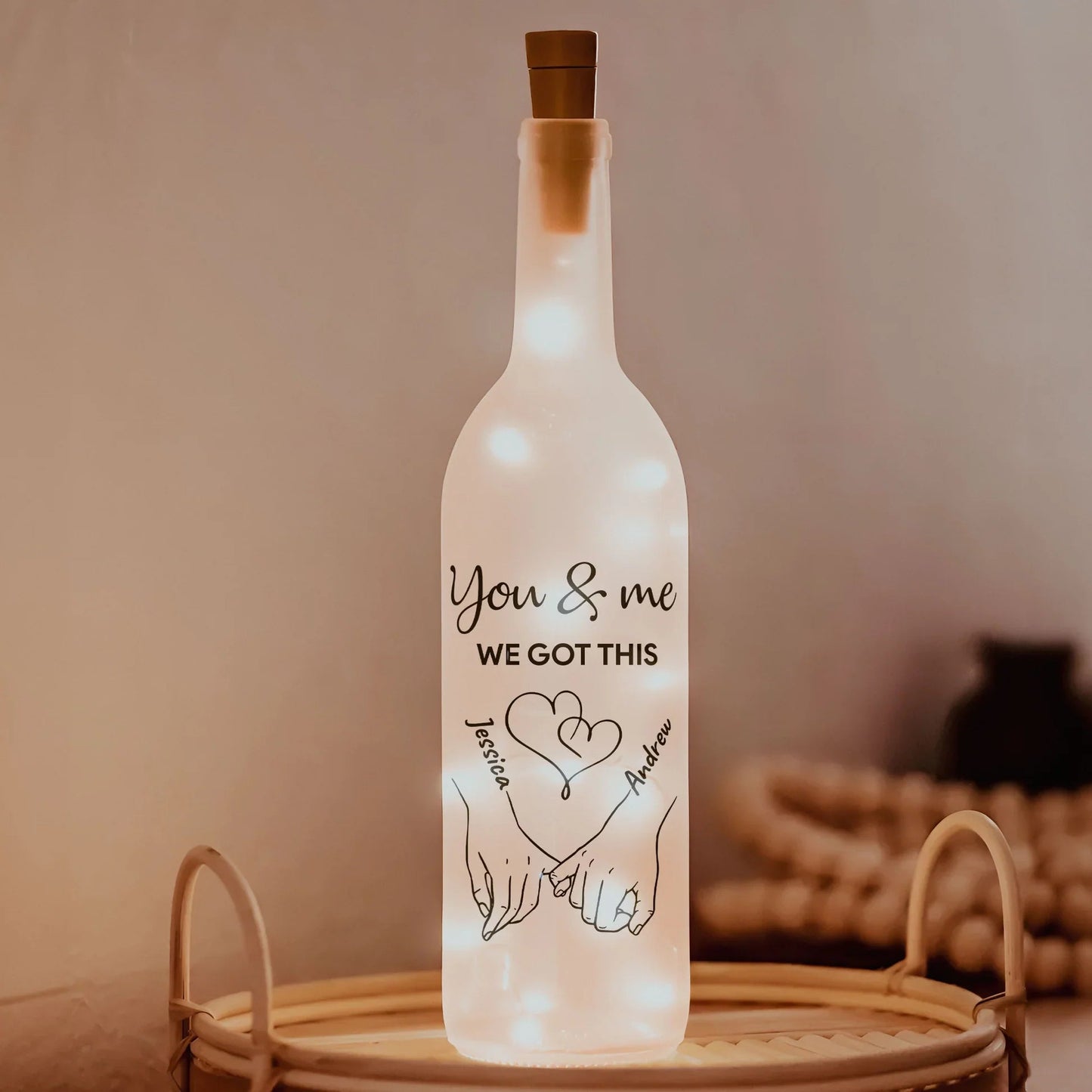 Personalized You & Me Bottle Lamp with Hand-Holding Line Art for Bedroom Decor Warm Glow Unique Gift for Couples