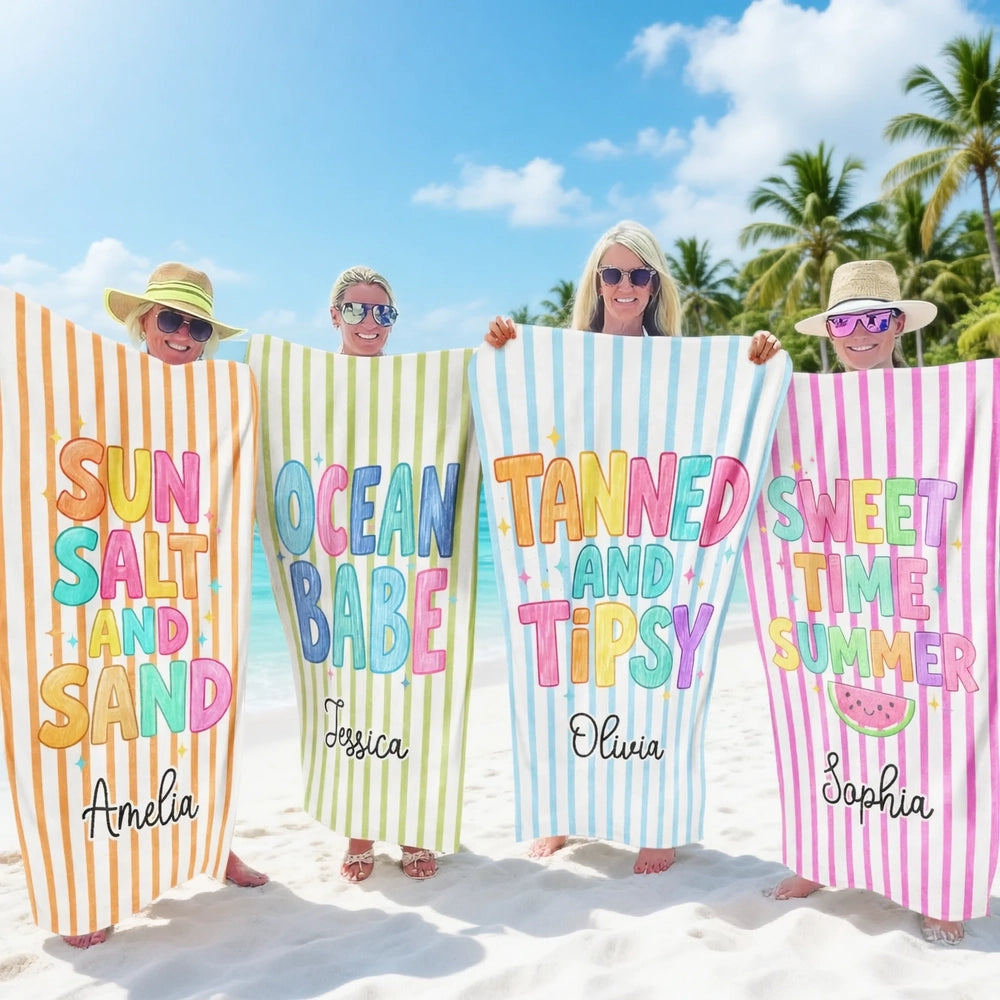 Personalized Striped Beach Towel with Colorful Summer Quote for Beach Trips and Pool Days - Unique Gift for Friends