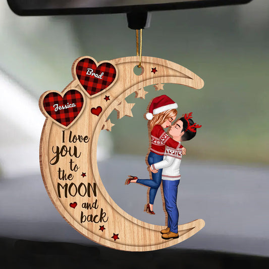 Couple Hugging On Heart Pattern Moon - Personalized Wooden Ornament - Gift For Firefighter,Police,Nurse,Chef,Teacher,Flight,Military,Animal Control,Worker