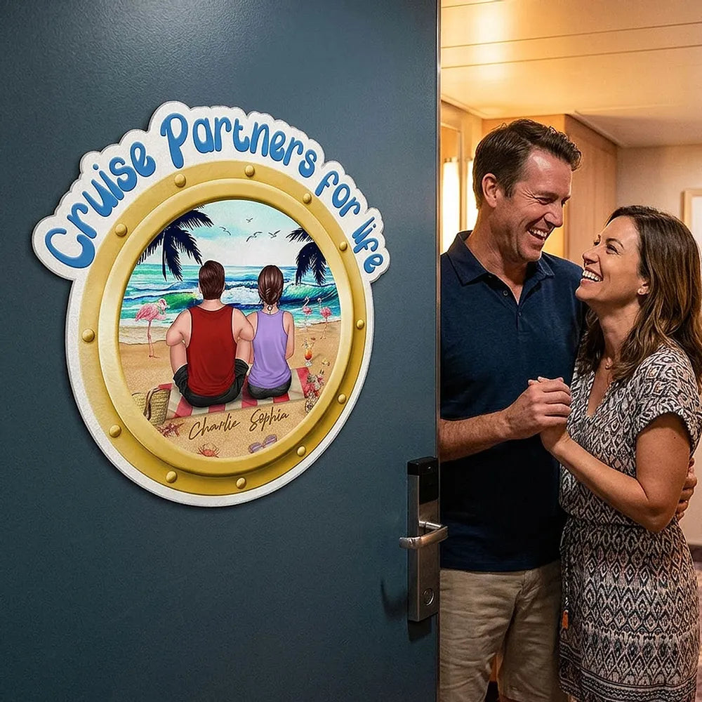 Personalized Cruise Partners for Life Acrylic Magnet, Back View Couple Sitting on a Beach Porthole, Unique Gift for Couples