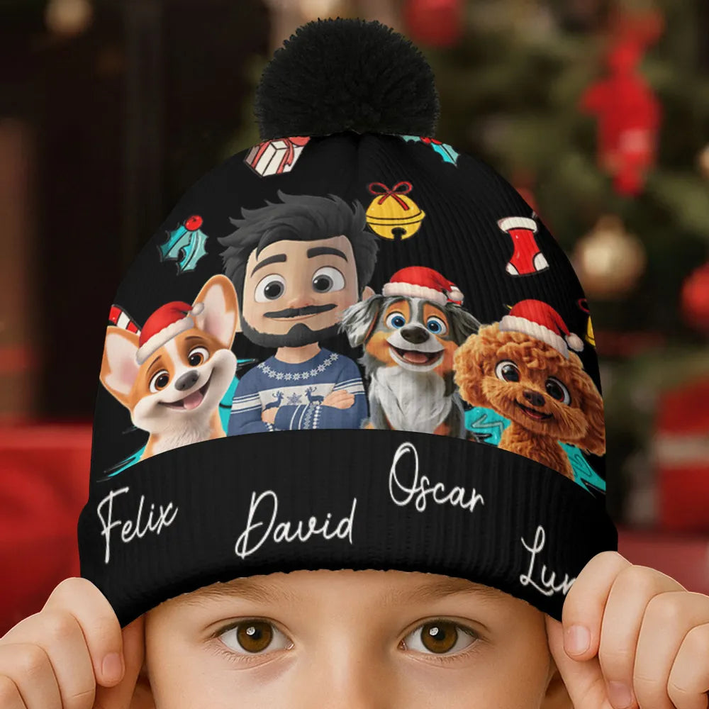 Personalized Bobble Beanie Hat with Girl & Dog Cartoon, Christmas Trees & Icons, Unique Holiday Gift for Pet Lovers