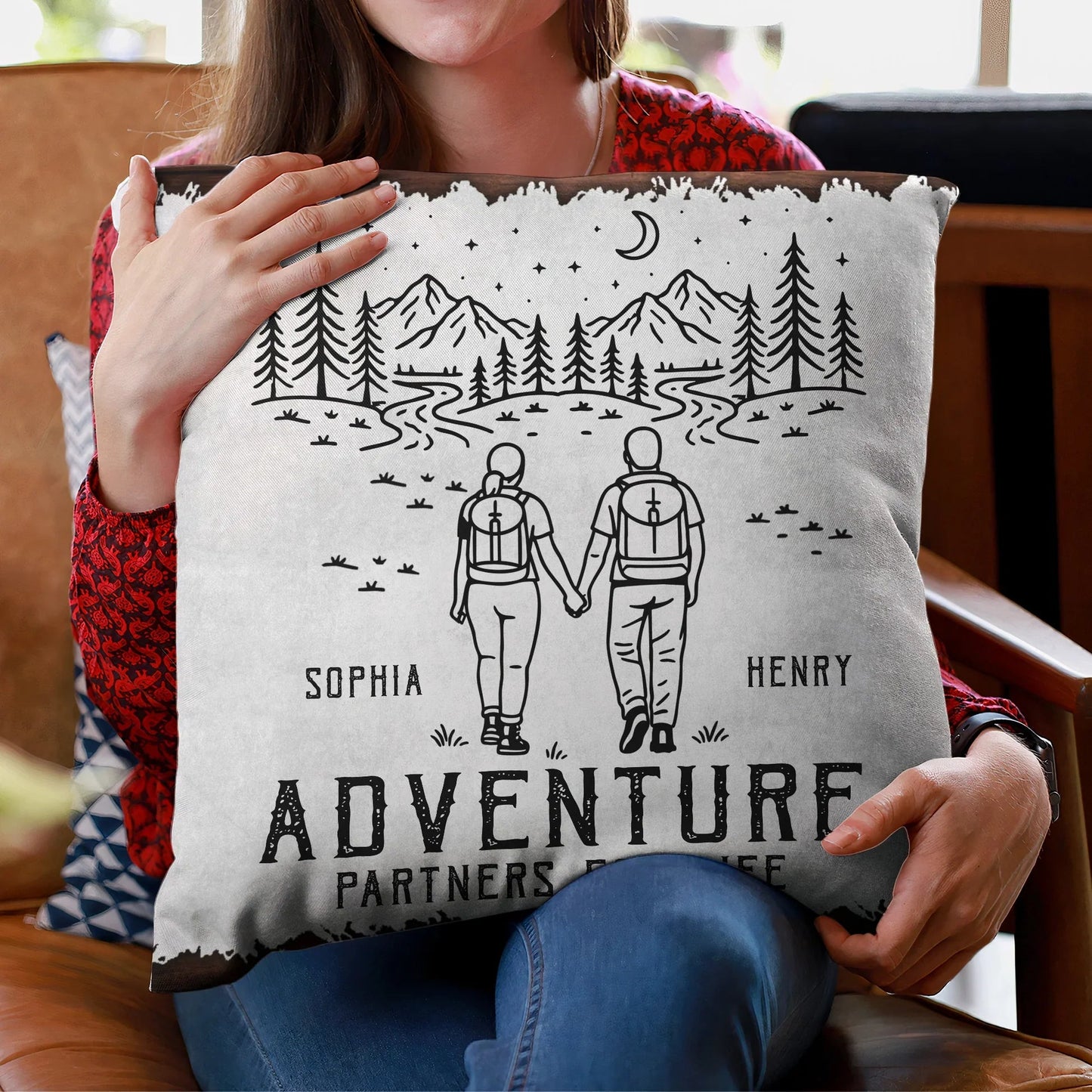 Square Pillow Personalized for Your Adventure Partners for Life, Hand in Hand Camping Scene, Sweet Gift for Couples