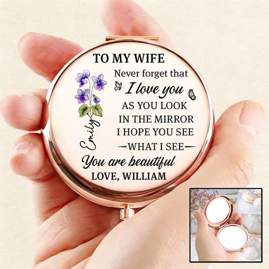 Metal Compact Mirror with Sweet Mirror Message for Wife, Personalized Touch, Purple Floral Design, Thoughtful Gift for Her
