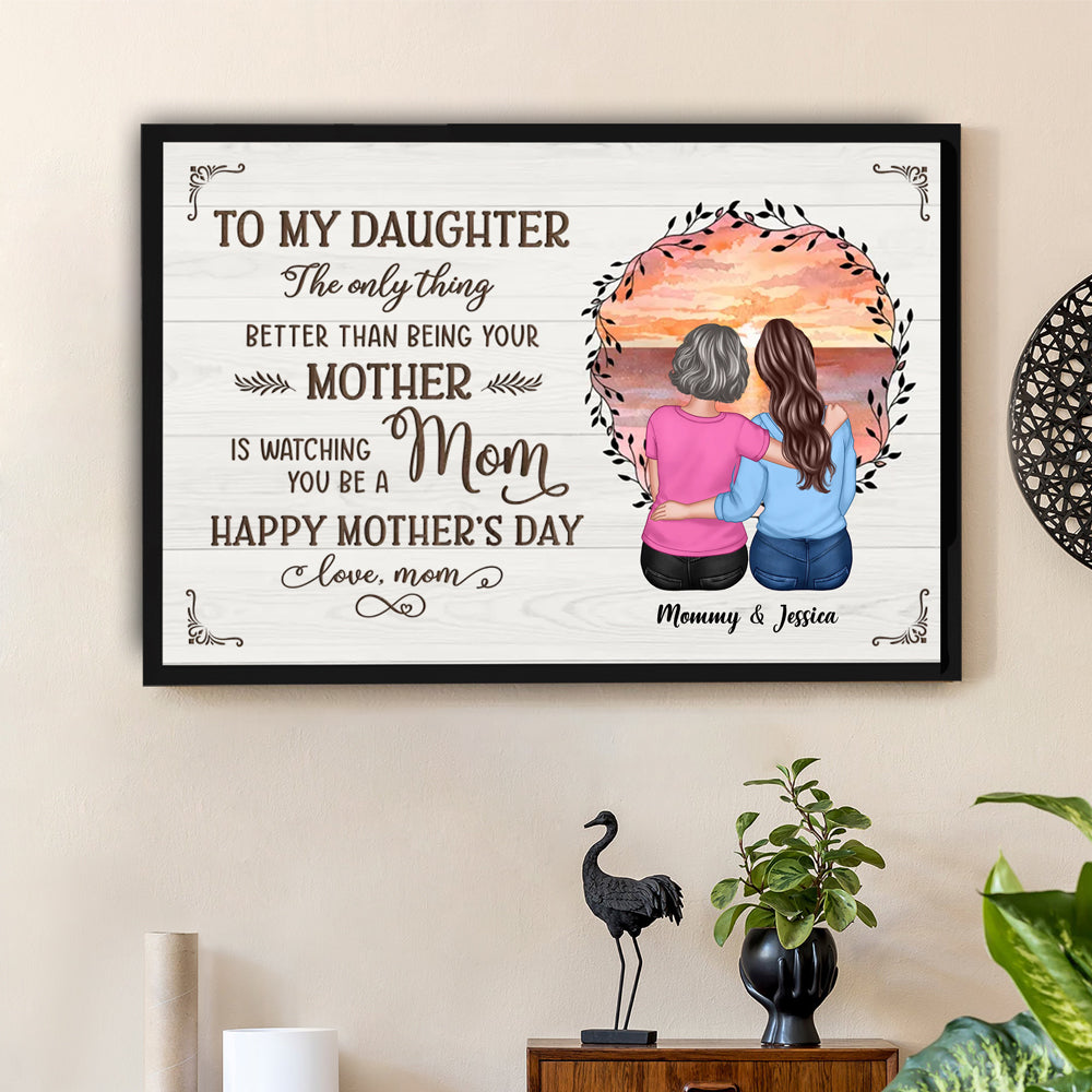 Beach Sunset Mother and Daughter Hugging Back View – Personalized Cup, Poster, Keychain, Ornament & More, Sentimental Mother’s Day Gift for Daughter
