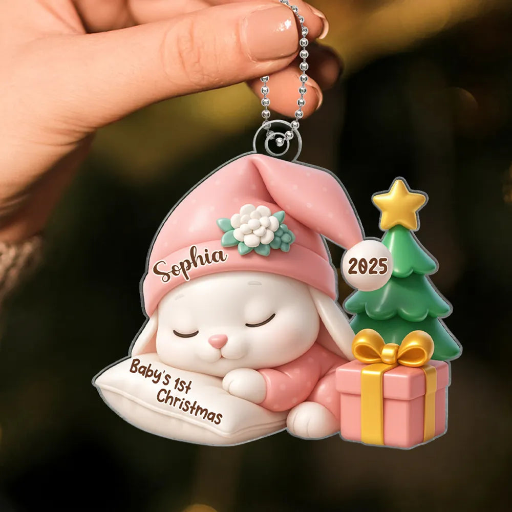 Acrylic Ornament for Baby’s First Christmas – sleeping bunny with tree and gift, pastel blue, gift-ready keepsake for new parents