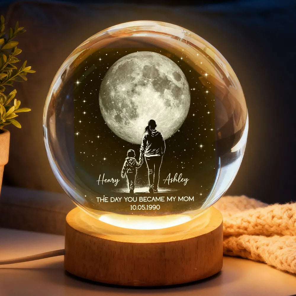 The Day You Became My Mom Personalized Globe Lamp, Mom and Child Under the Moon Night Light, Meaningful Gift