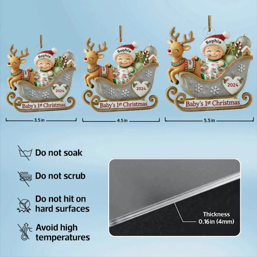 Baby’s 1st Christmas Acrylic Ornament – Adorable Reindeer Sleigh Design, Perfect Gift for Newborn Celebration