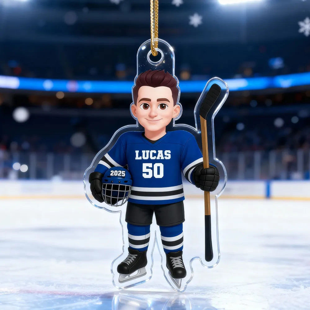 Acrylic Ornament - Personalized Hockey Player Cartoon Holding Stick, Christmas Tree Decor, Unique Gift for Players & Fans