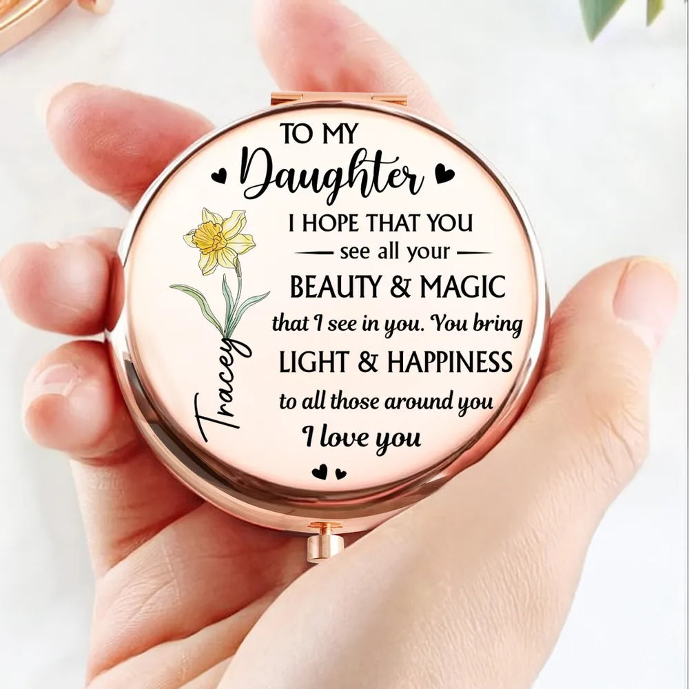 Personalized Metal Compact Mirror for Daughter, Beauty & Magic Quote with Floral Art, Unique Gift for Everyday Smiles