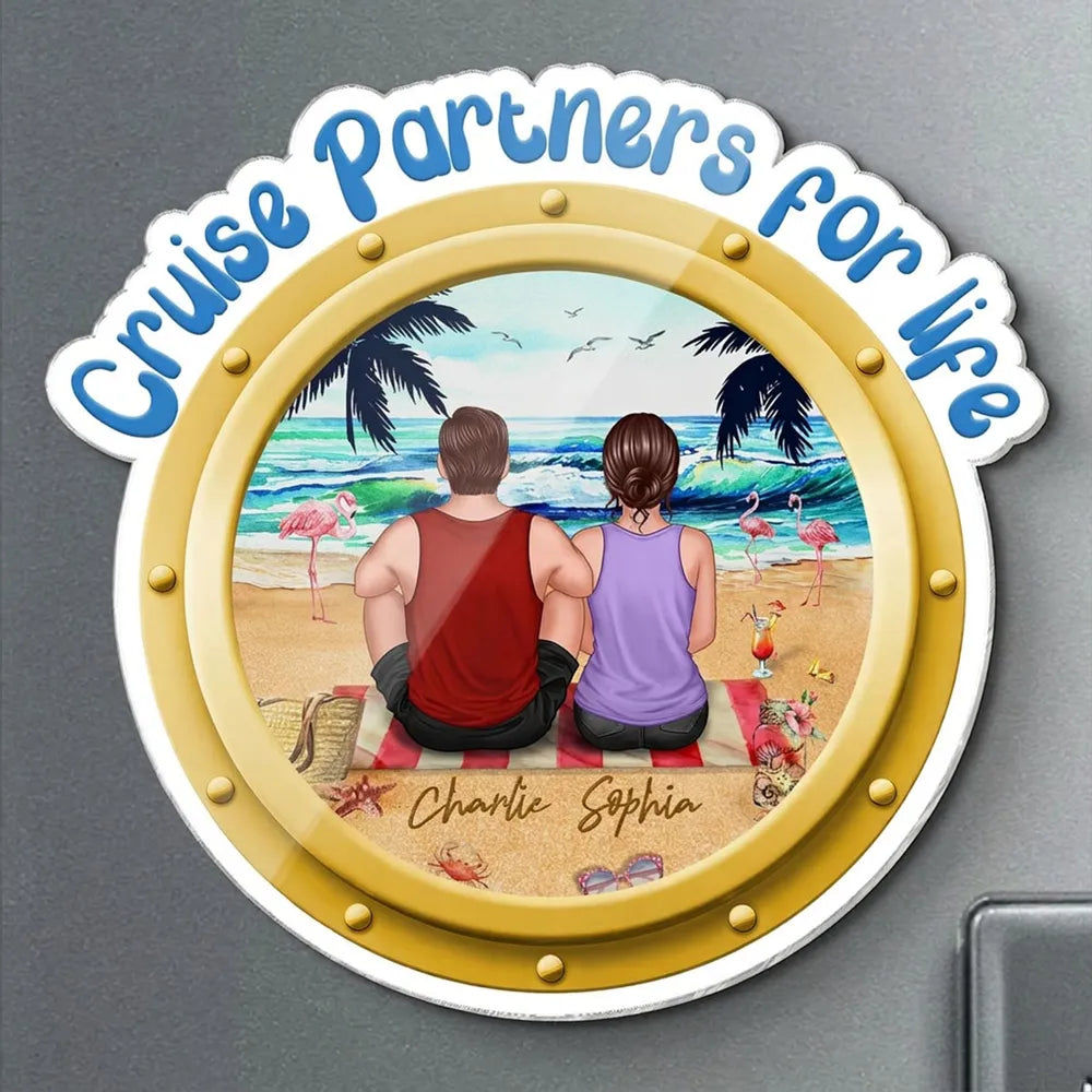 Personalized Cruise Partners for Life Acrylic Magnet, Back View Couple Sitting on a Beach Porthole, Unique Gift for Couples