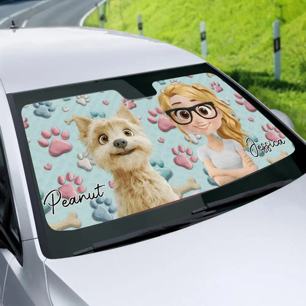 Custom Dog & Owner Windshield Sunshade – Paw-Print Car Accessory for Pet Lovers