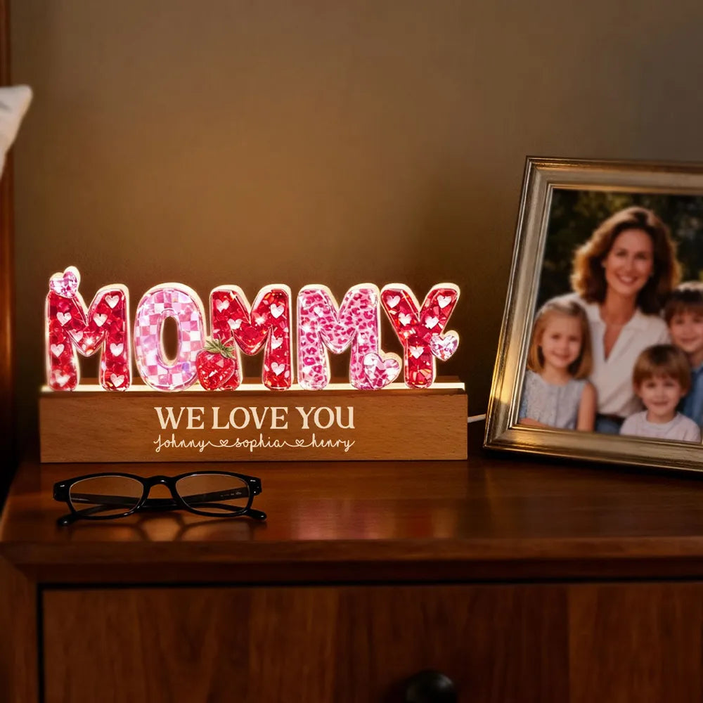 Personalized Shaped Acrylic Block LED Plaque with MOMMY Hearts, Sweet Room Decor, Unique Gift for Mom