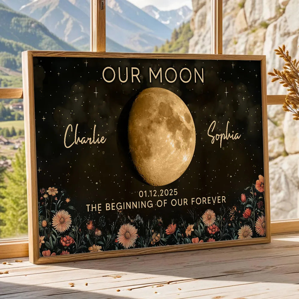Personalized Moon Phase Poster Night Sky Floral Wall Art Unique Gift for Couple - Our Moon Keepsake Decor